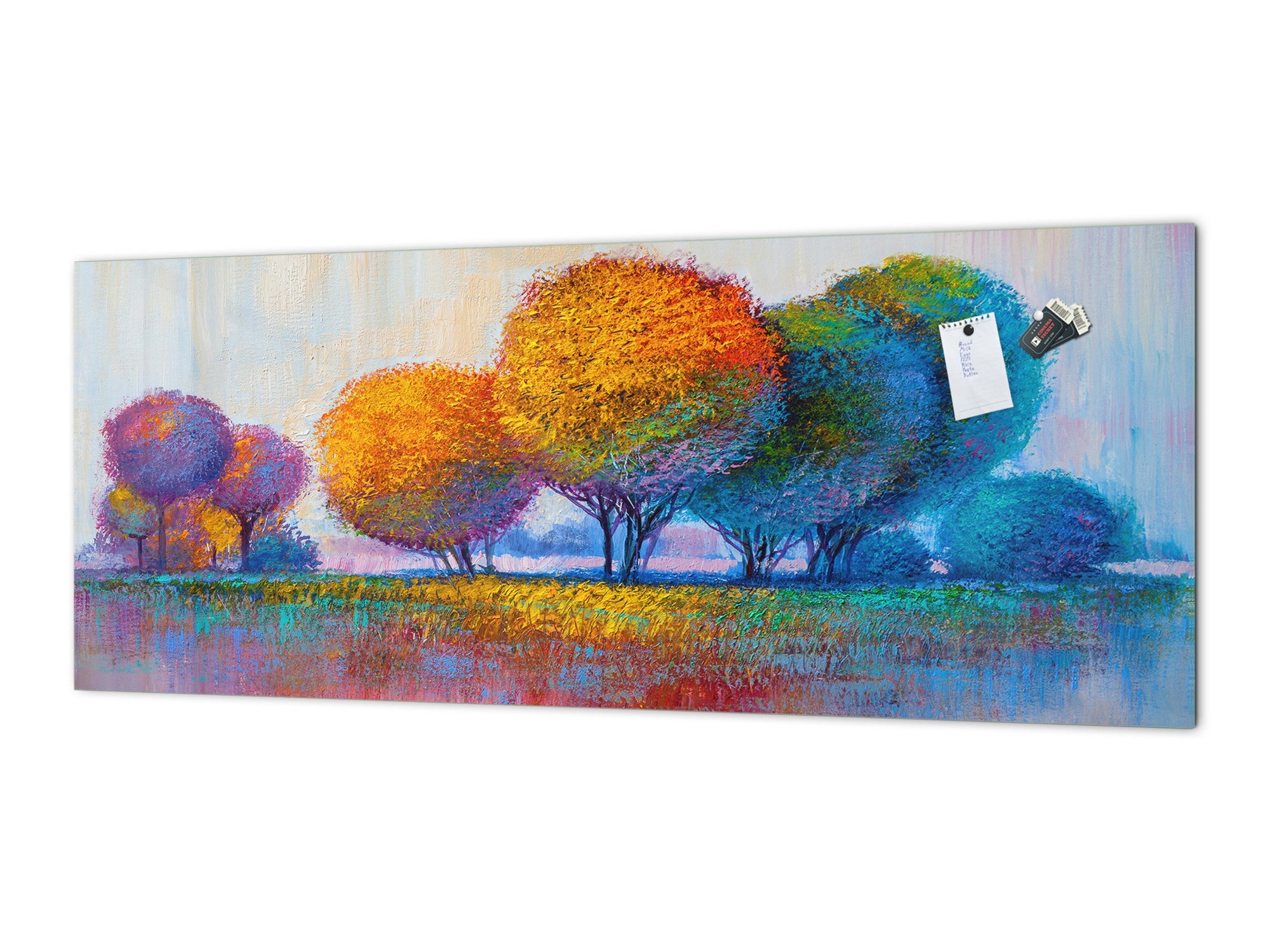 Contemporary glass kitchen panel - Wide format wall backsplash BBS30 w/wo magnetic properties : Art. Series : Colourful trees 1