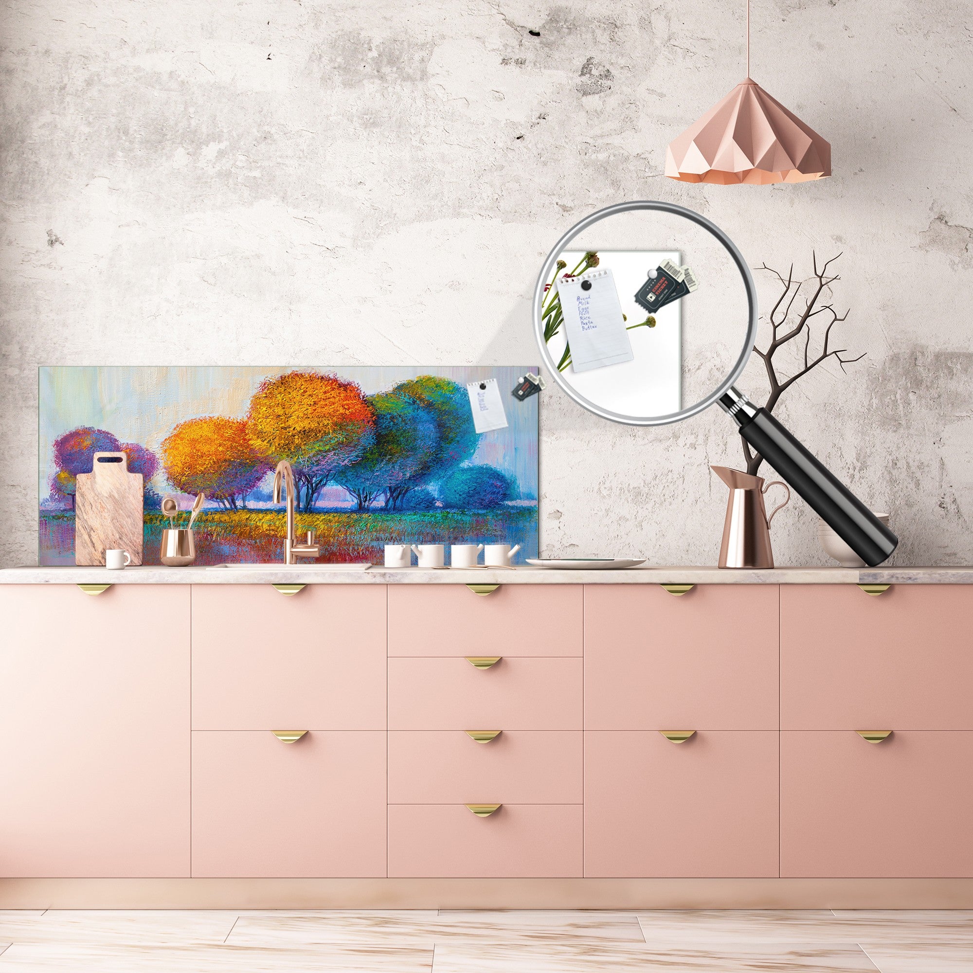 Contemporary glass kitchen panel - Wide format wall backsplash BBS30 w/wo magnetic properties : Art. Series : Colourful trees 1