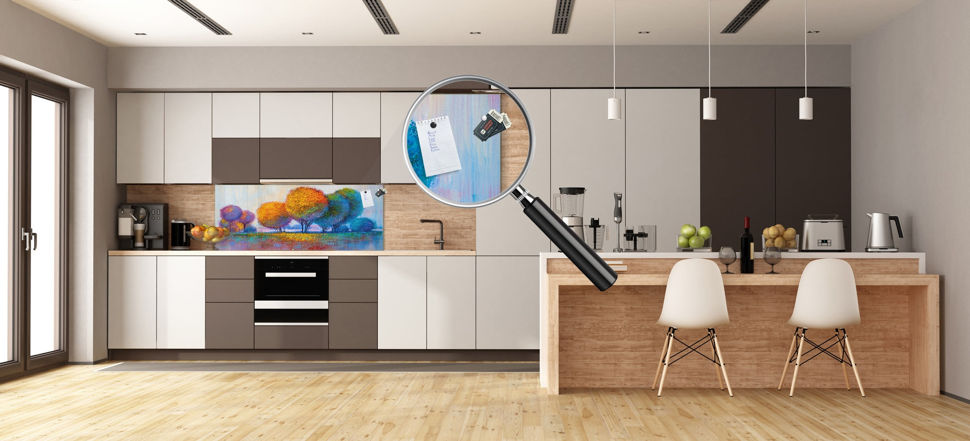 Contemporary glass kitchen panel - Wide format wall backsplash BBS30 w/wo magnetic properties : Art. Series : Colourful trees 1