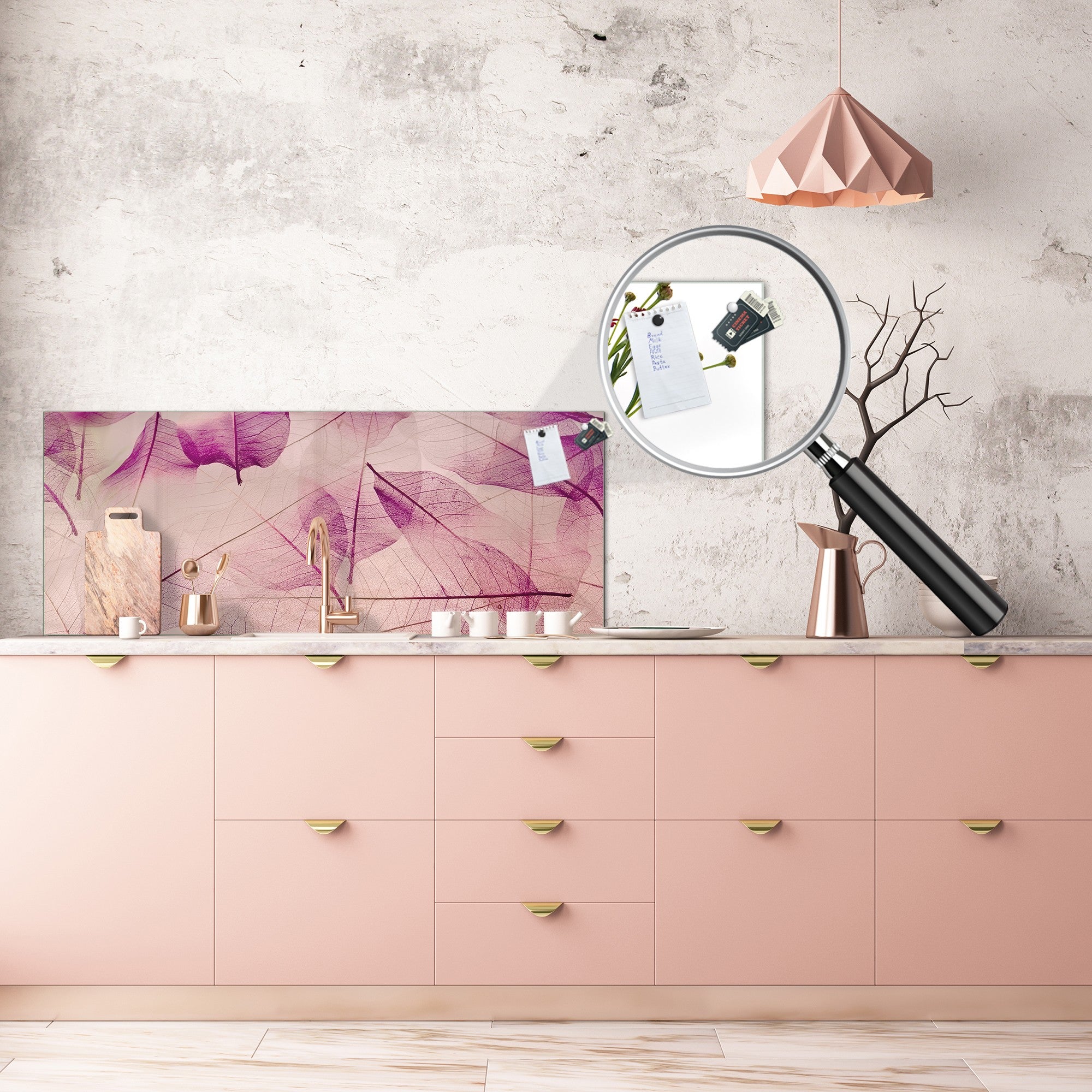 Design glass backsplash - Tempered Glass BBS29 splashback w/wo magnetic properties : Nature Series : Transparent purple leaves