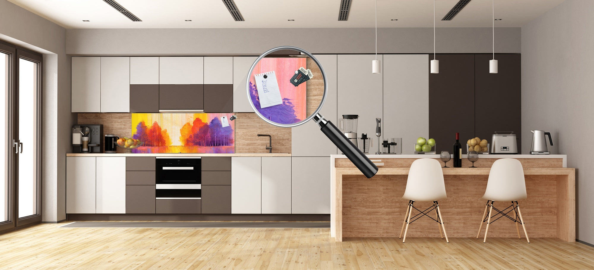 Contemporary glass kitchen panel - Wide format wall backsplash BBS30 w/wo magnetic properties : Art. Series : Colourful trees 2