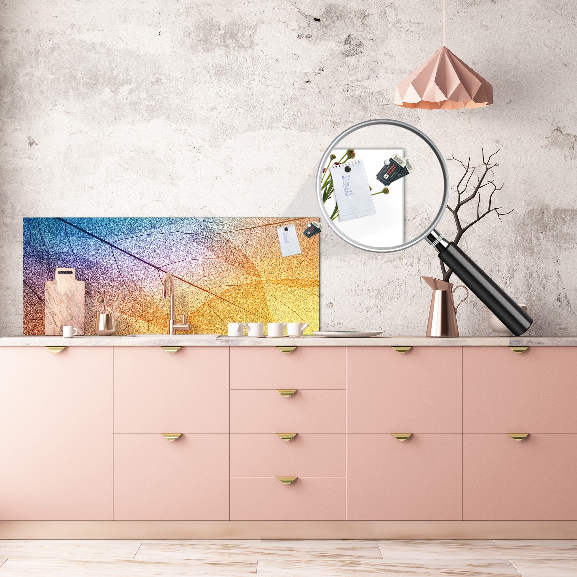 Design glass backsplash - Tempered Glass BBS29 splashback w/wo magnetic properties : Nature Series : Colourful transparent leaves