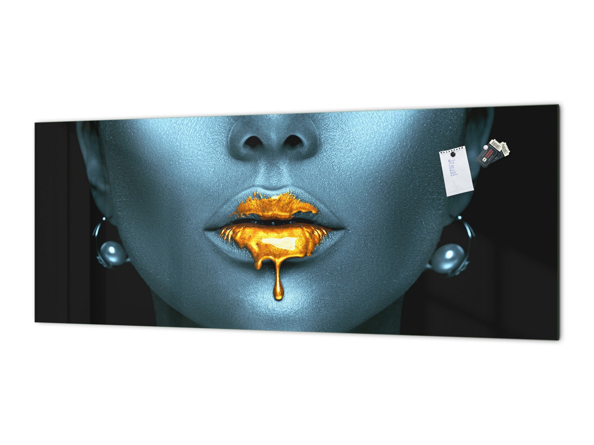 Contemporary glass kitchen panel - Wide format wall backsplash BBS30 w/wo magnetic properties : Art. Series : Golden lips 2