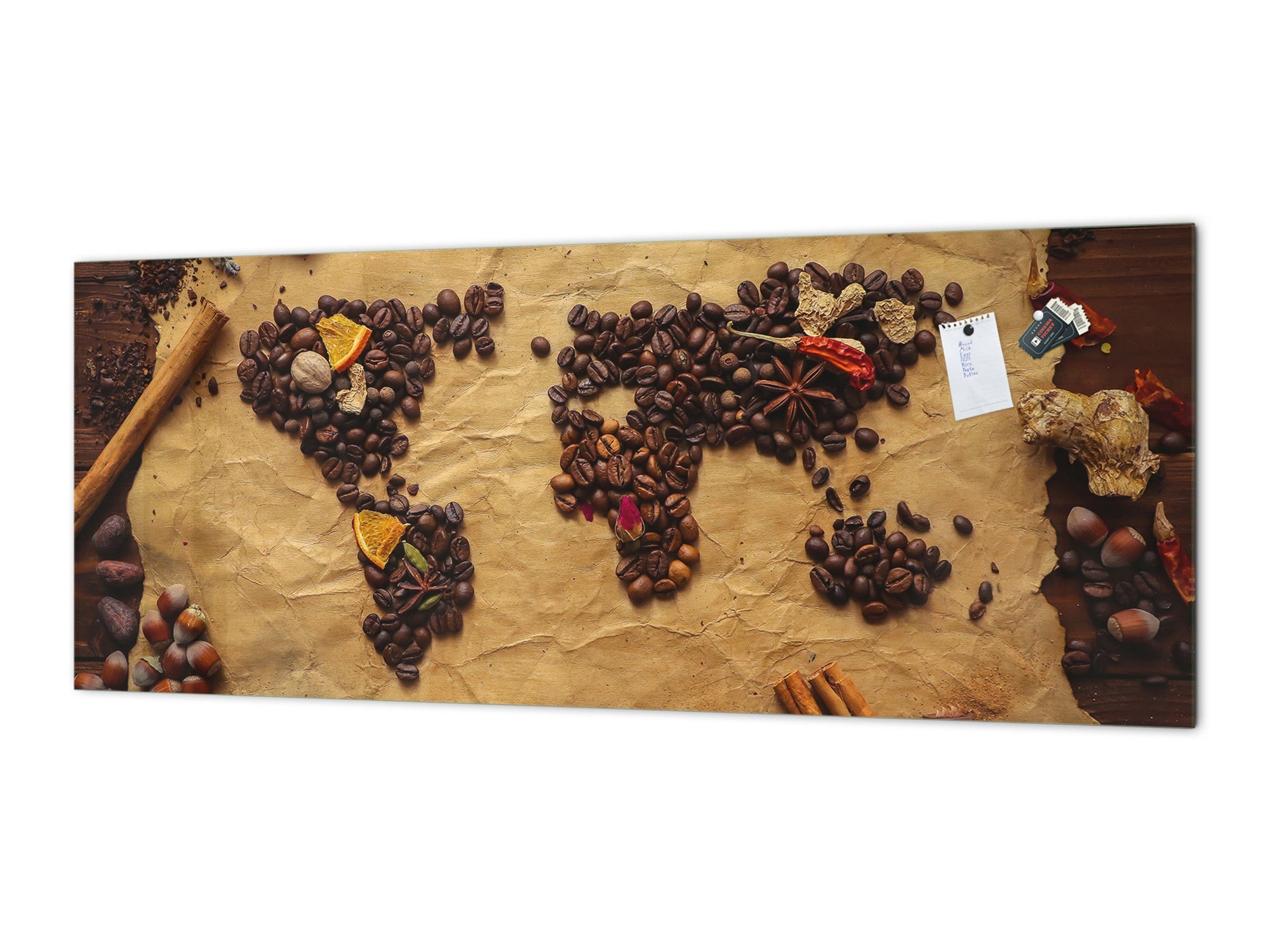 Toughened printed glass backsplash - Kitchen wall splashback BBS33 w/wo magnetic properties : Herbs and spices series : Coffee world map