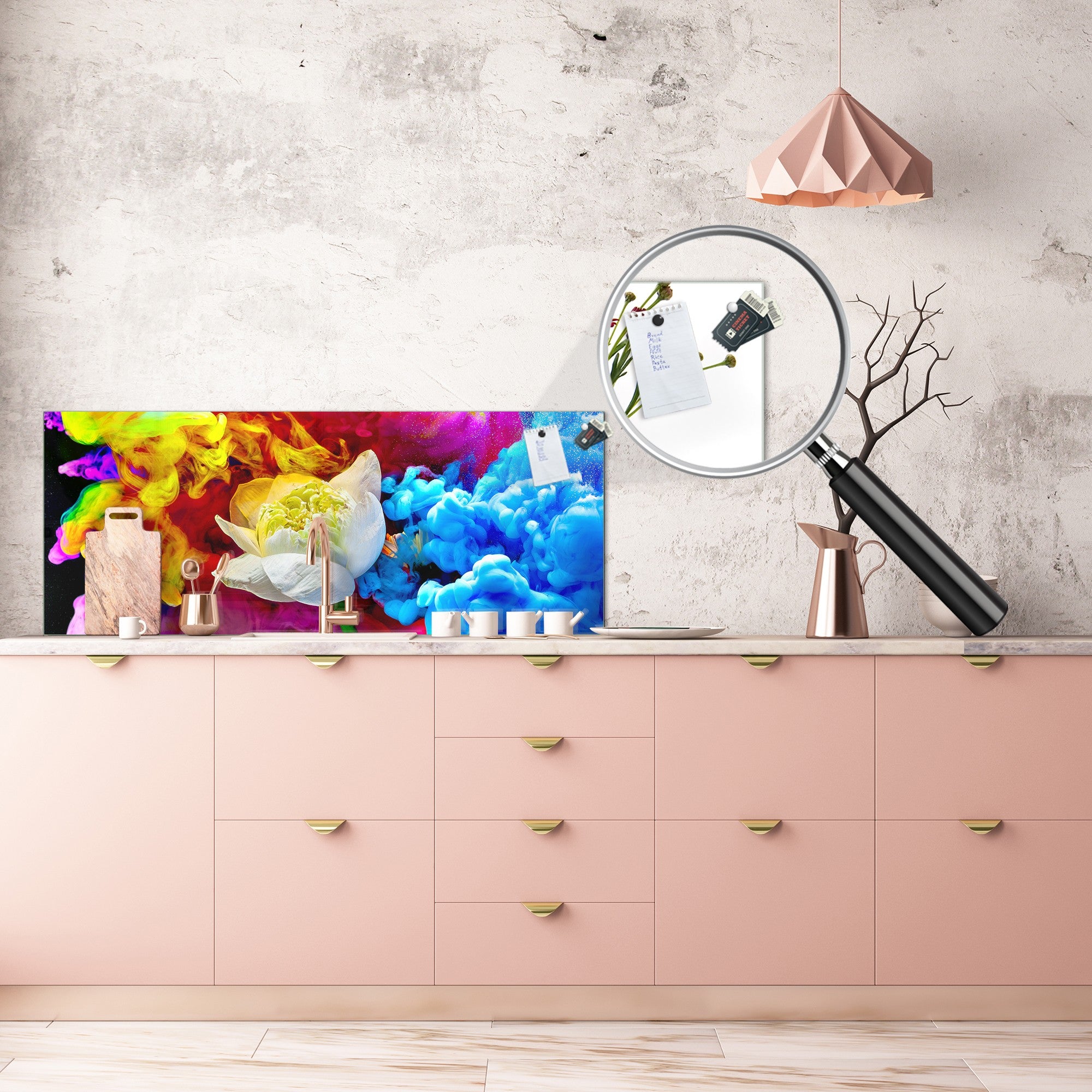 Contemporary glass kitchen panel - Wide format wall backsplash BBS30 w/wo magnetic properties : Art. Series : Lotus explosion