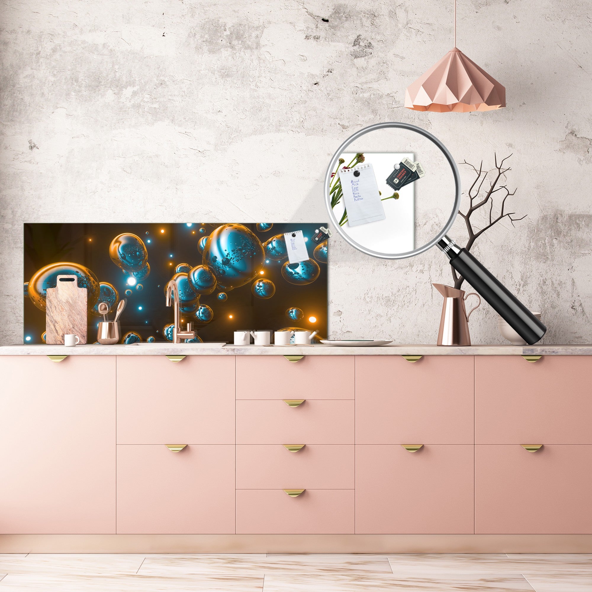 Stylish glass backsplash - Photo glass upstand BBS31 w/wo magnetic properties : Textures series : Holographic bubbles 2