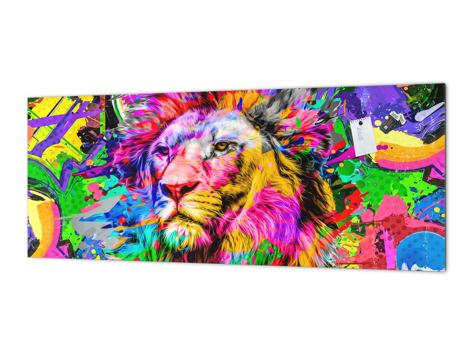 Stunning glass wall art - Wide format kitchen backsplash BBS32 w/wo magnetic properties : Animals series : Colourful lion