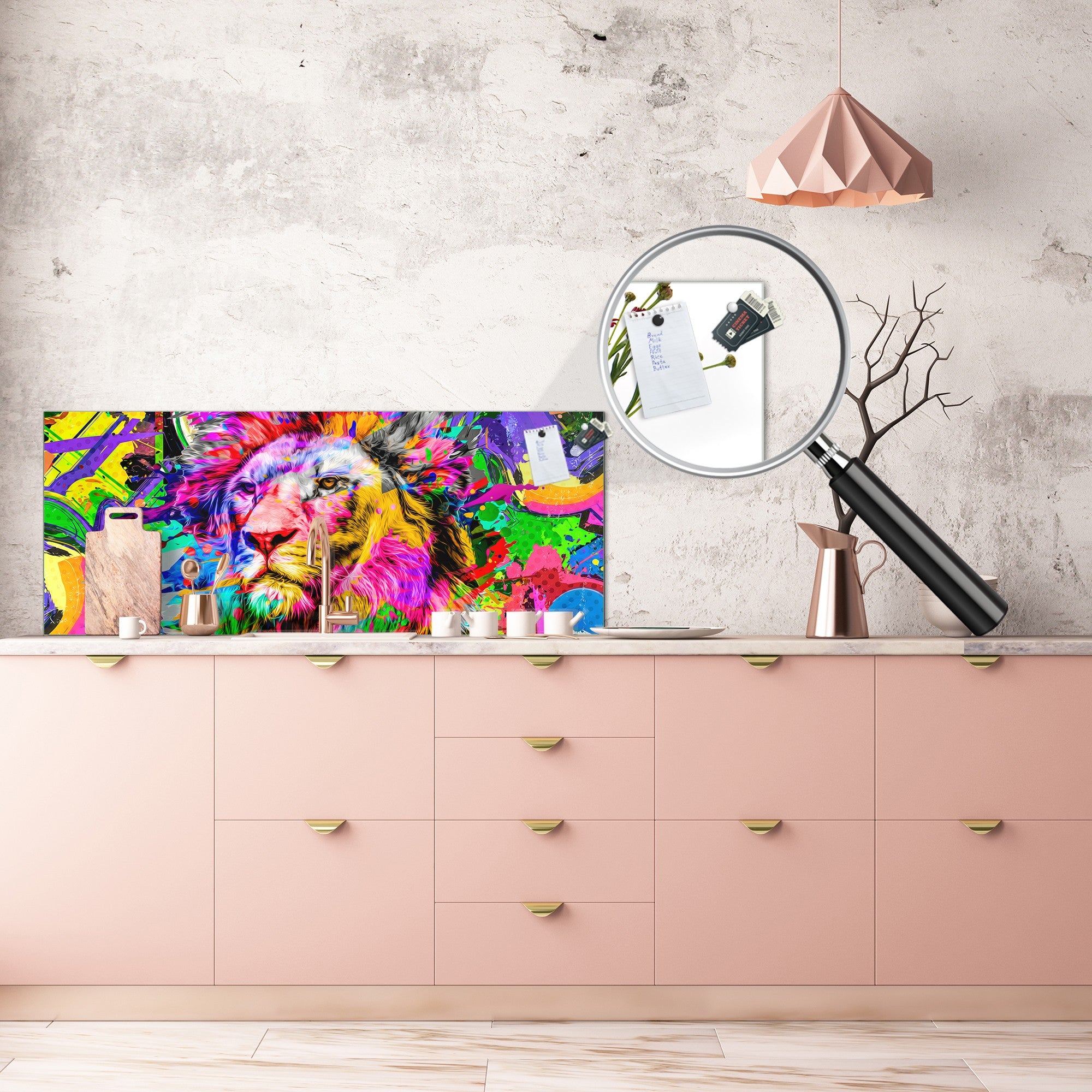 Stunning glass wall art - Wide format kitchen backsplash BBS32 w/wo magnetic properties : Animals series : Colourful lion