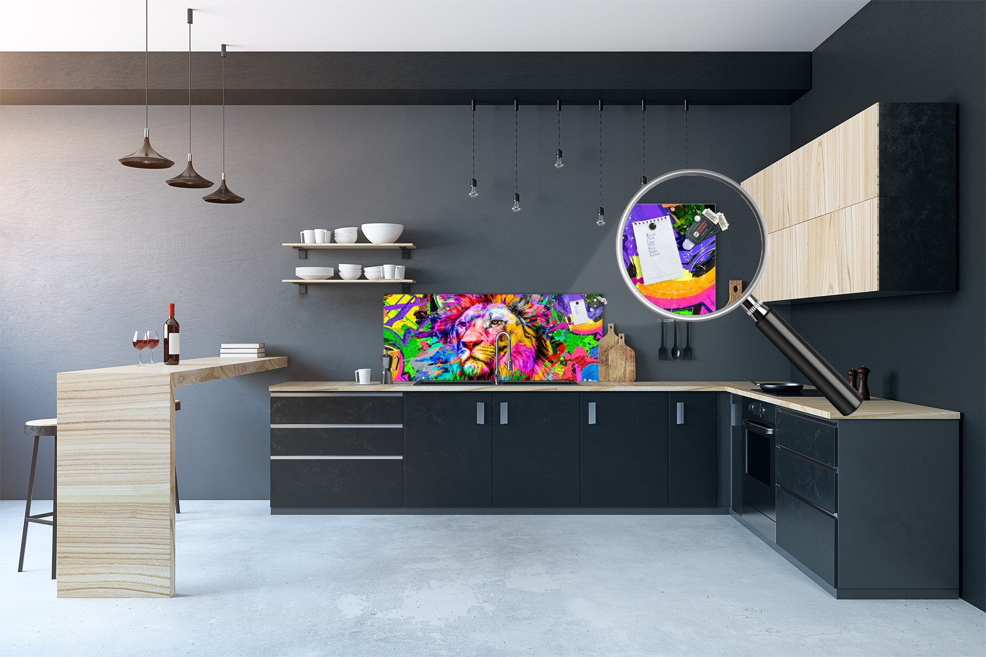 Stunning glass wall art - Wide format kitchen backsplash BBS32 w/wo magnetic properties : Animals series : Colourful lion