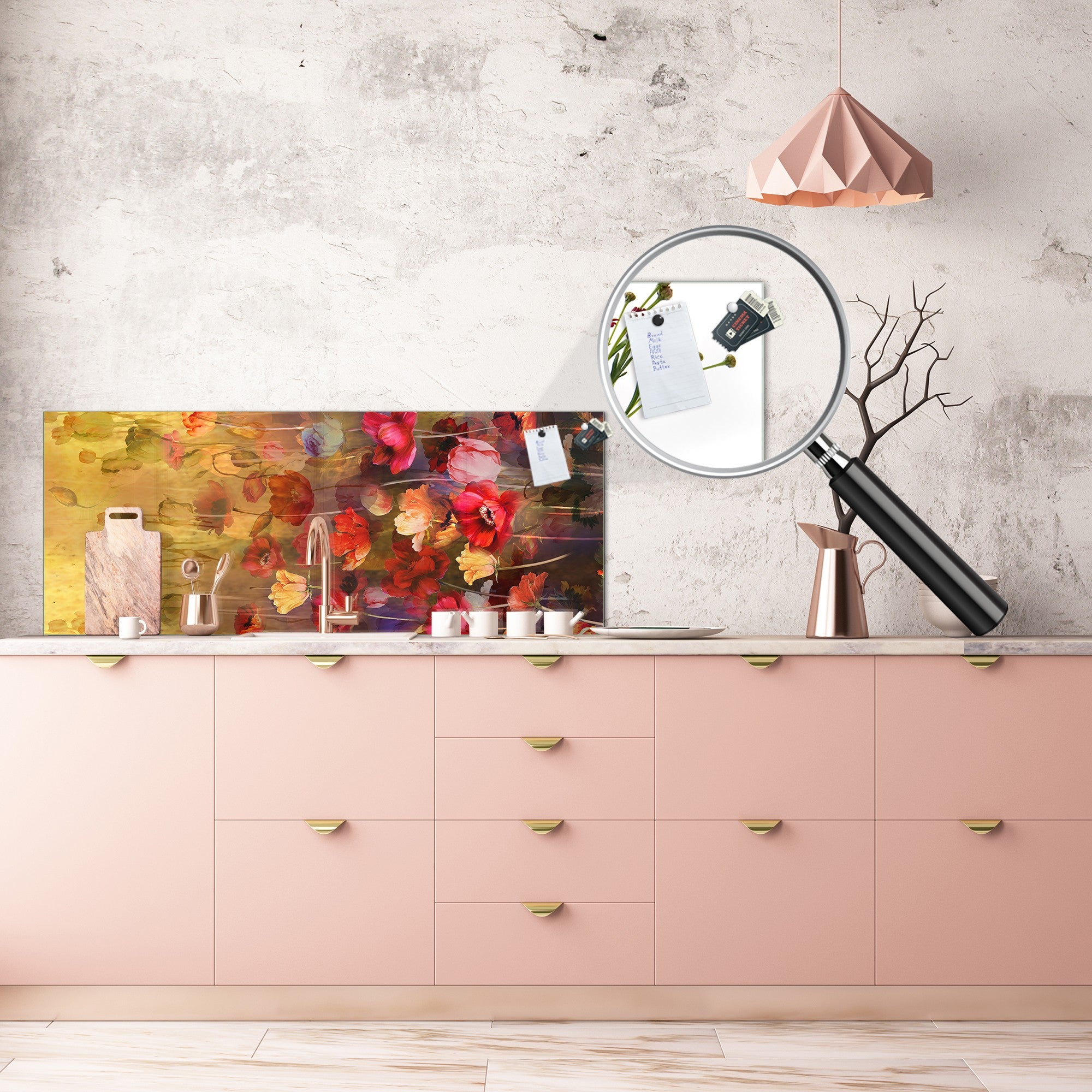 Design glass backsplash - Tempered Glass BBS29 splashback w/wo magnetic properties : Nature Series : Horizontal flowers