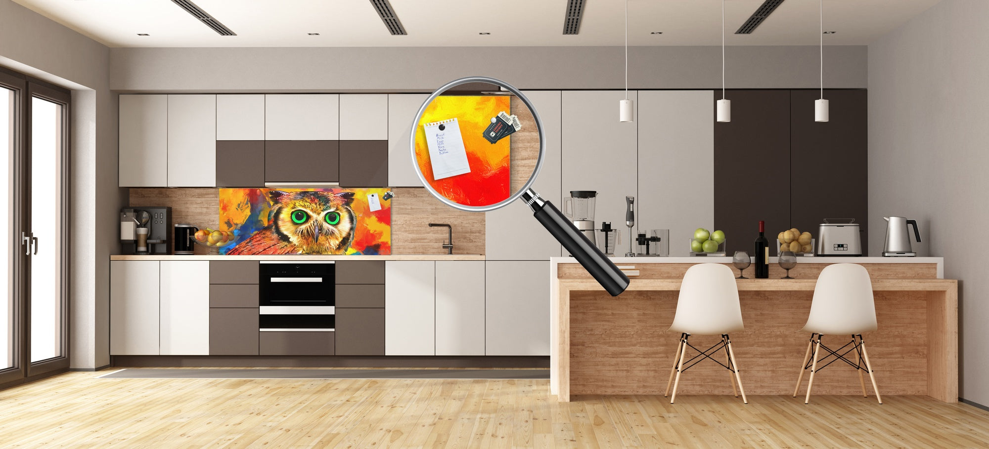 Stunning glass wall art - Wide format kitchen backsplash BBS32 w/wo magnetic properties : Animals series : Colourful owl