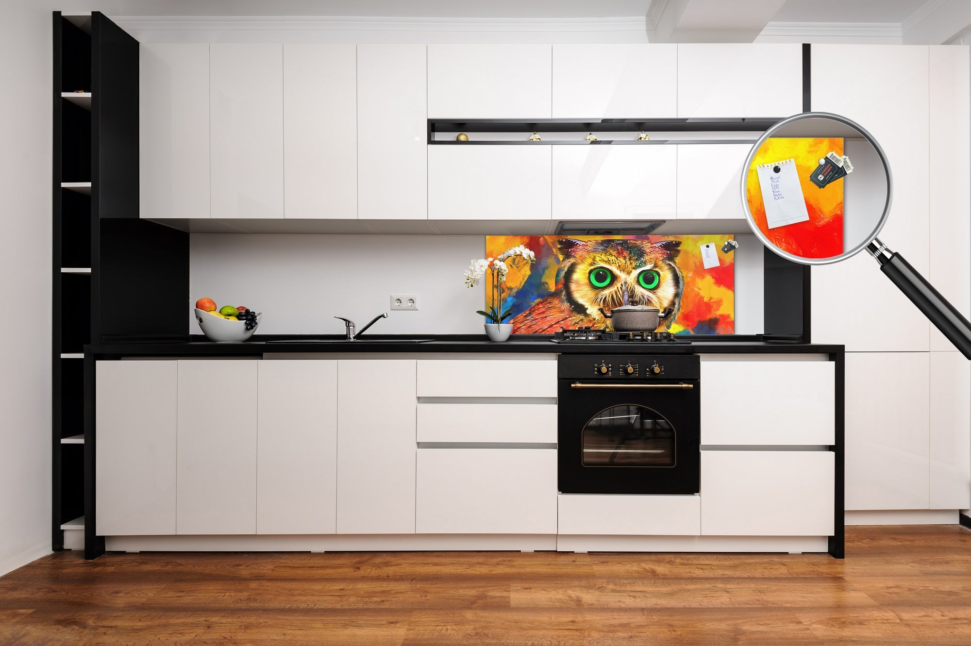 Stunning glass wall art - Wide format kitchen backsplash BBS32 w/wo magnetic properties : Animals series : Colourful owl