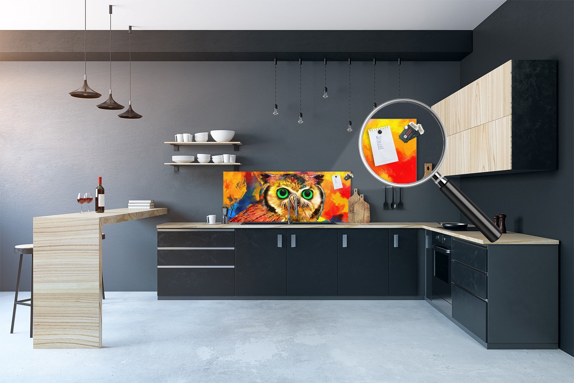 Stunning glass wall art - Wide format kitchen backsplash BBS32 w/wo magnetic properties : Animals series : Colourful owl