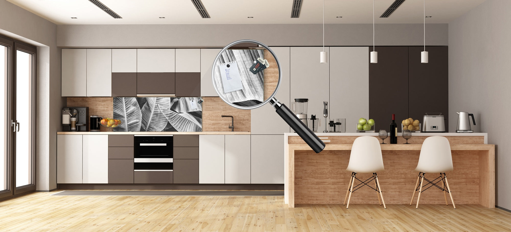 Design glass backsplash - Tempered Glass BBS29 splashback w/wo magnetic properties : Nature Series : Black and white banana leaves