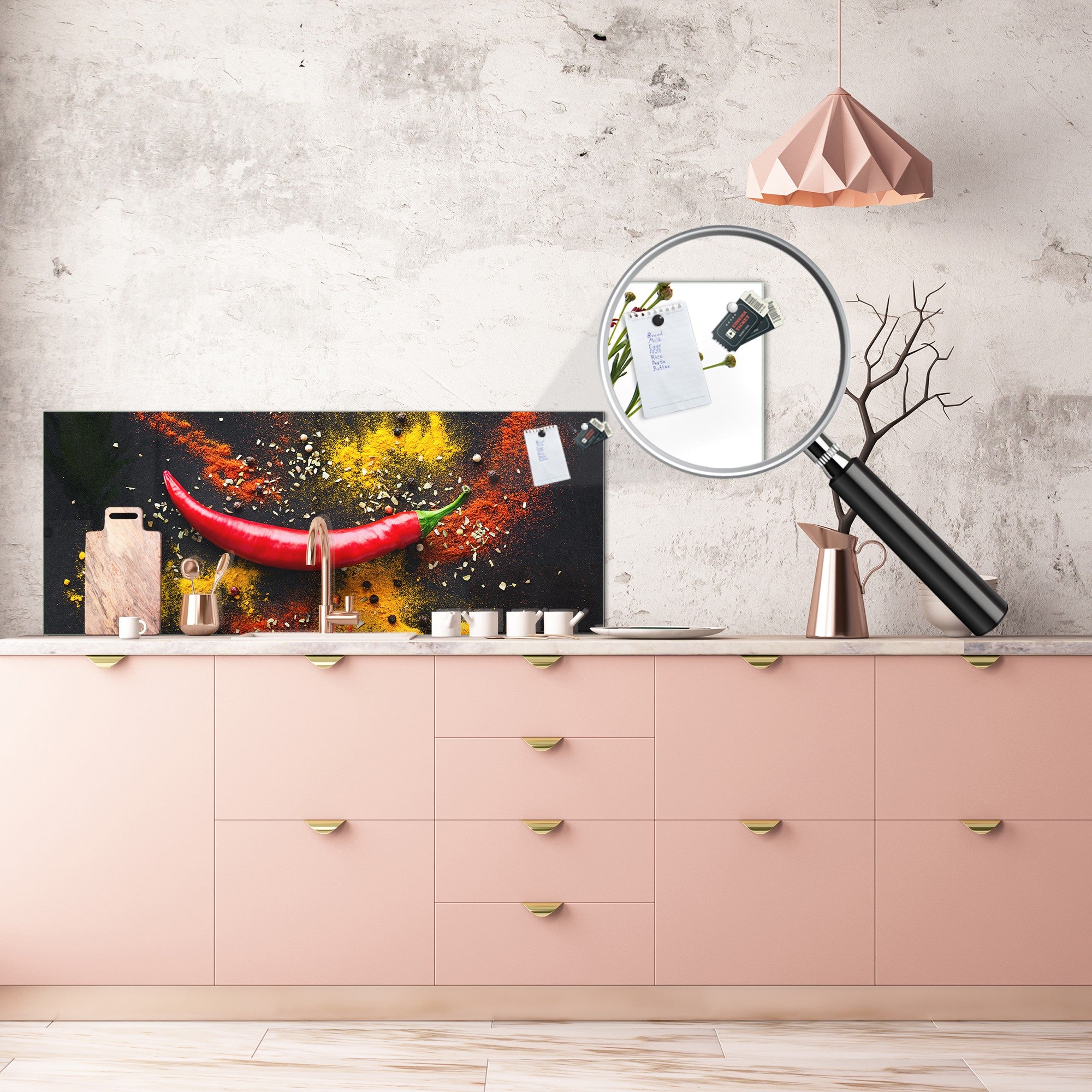 Toughened printed glass backsplash - Kitchen wall splashback BBS33 w/wo magnetic properties : Herbs and spices series : Chilli pepper