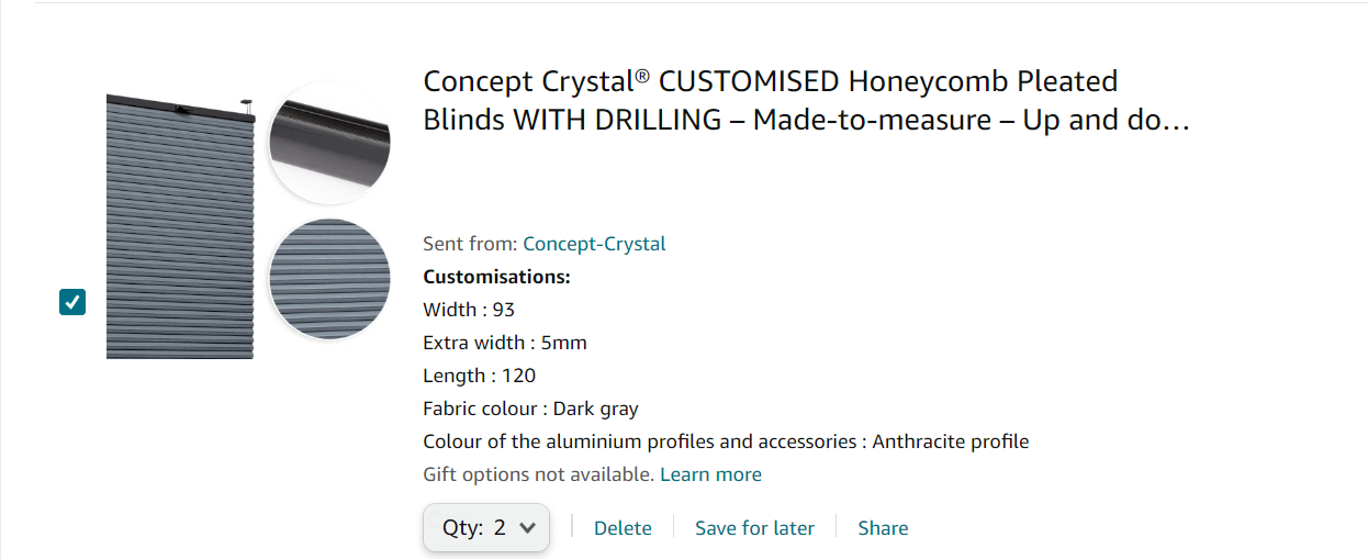 Order for Chris: 6 x honeycomb blackout pleated blind WITH DRILLING