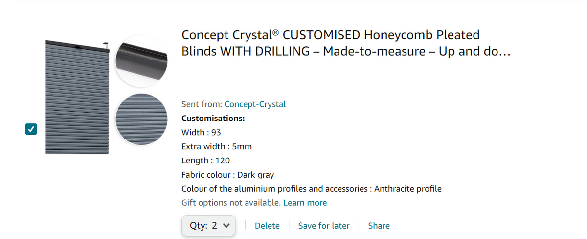 Order for Chris: 6 x honeycomb blackout pleated blind WITH DRILLING