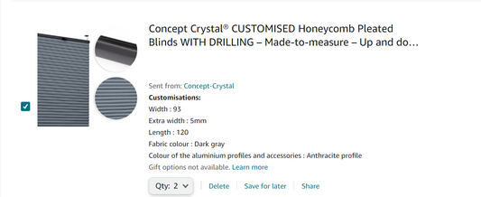 Order for Chris: 6 x honeycomb blackout pleated blind WITH DRILLING