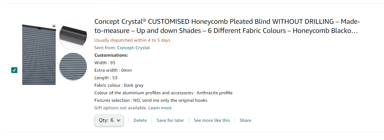 Order for Jonathan - Honeycomb pleated shades without drilling