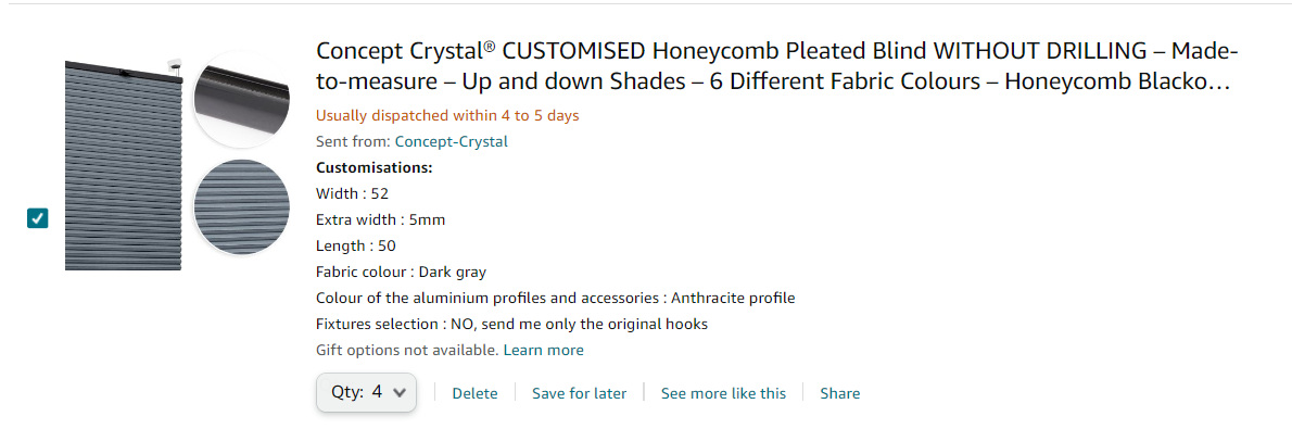 Order for Jonathan - Honeycomb pleated shades without drilling