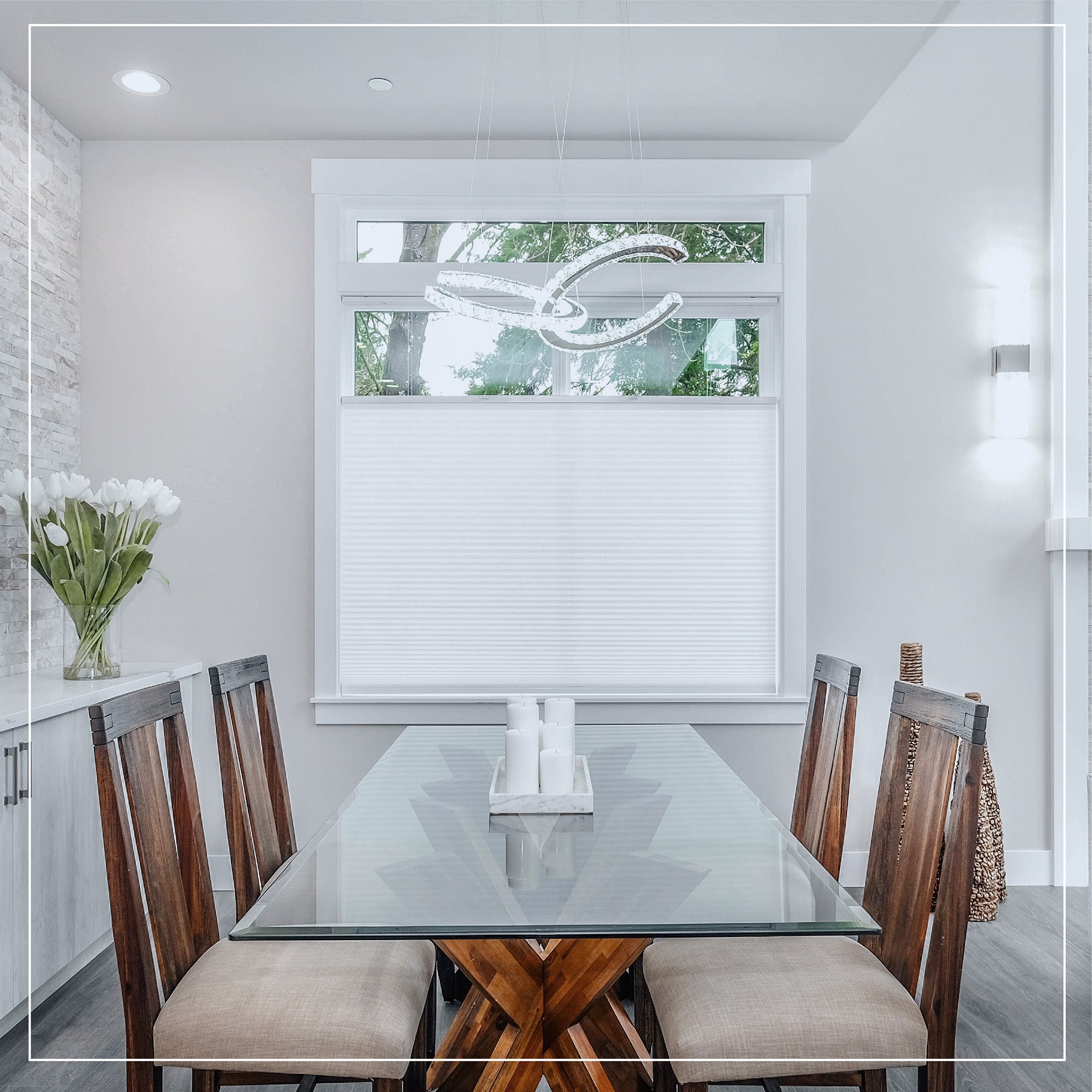 Custom pleated window blinds drill mounted in modern living room