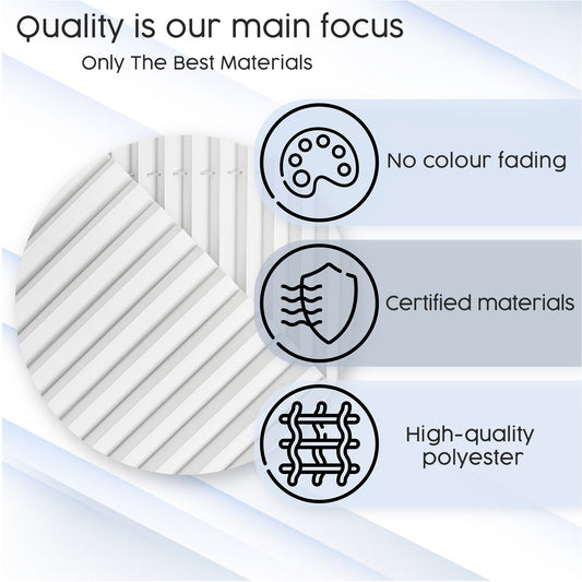 Fabric detail illustration with icons showing Oeko?Tex certification, opacity, and durability