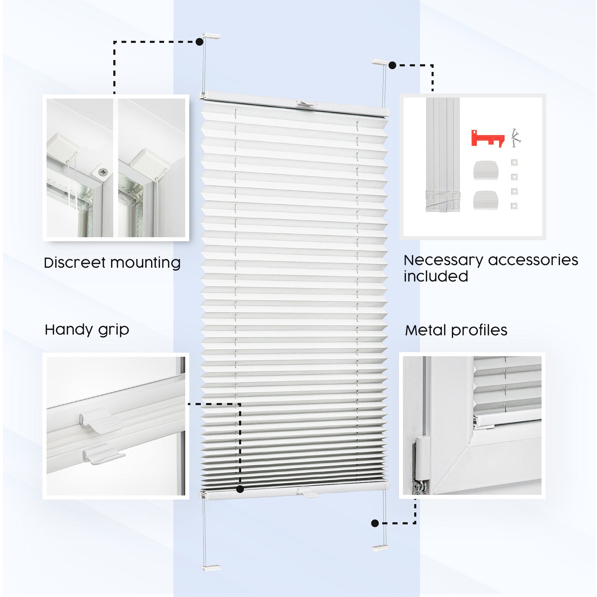 Illustration showing drill-in installation with four screws into inner window frame, including hardware kit and profile selection.