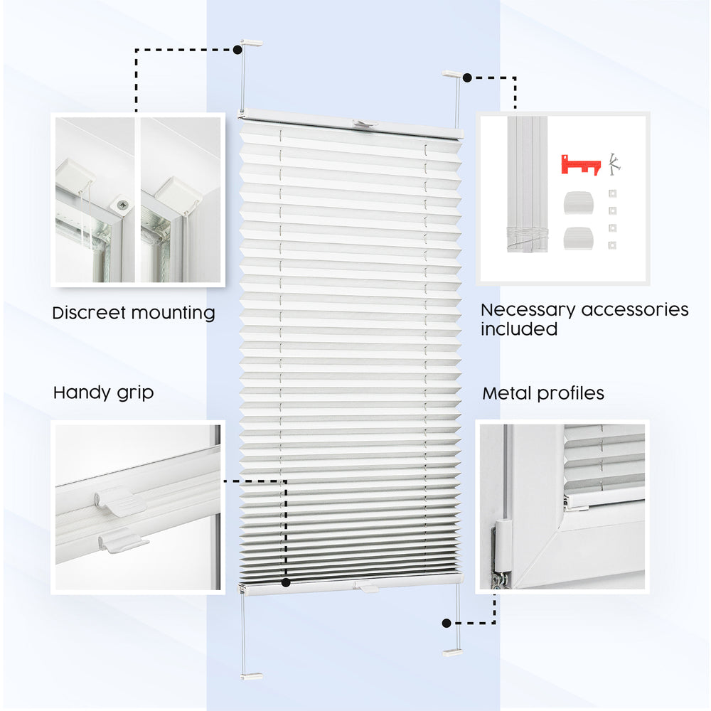 Illustration showing drill-in installation with four screws into inner window frame, including hardware kit and profile selection.