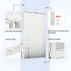 Illustration showing drill-in installation with four screws into inner window frame, including hardware kit and profile selection.