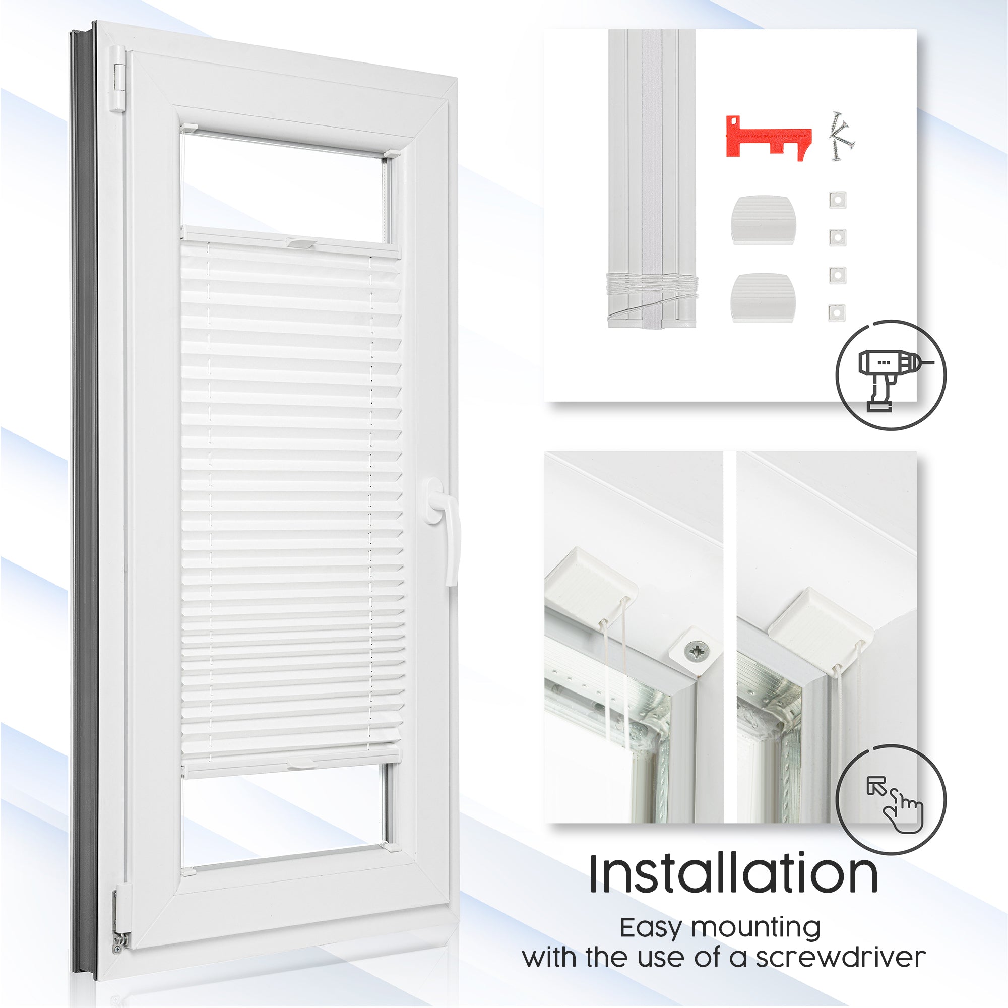 White pleated blind on a window and a short installation instructions for mounting will drilling.