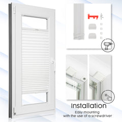 White pleated blind on a window and a short installation instructions for mounting will drilling.