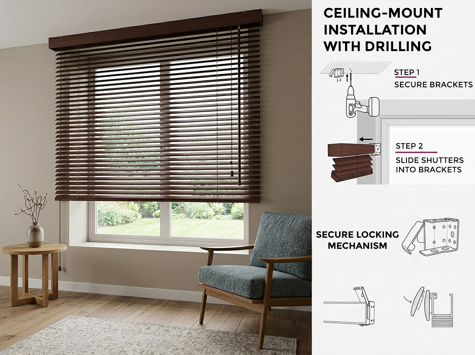 XXL 25mm Wooden Venetian Blinds – Ceiling Mount