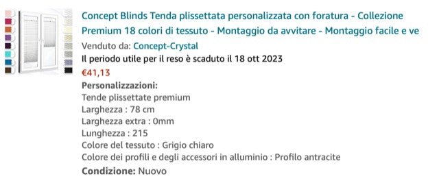 Ordine di tenda plissettata per Massimo / Order for pleated blind for Massimo