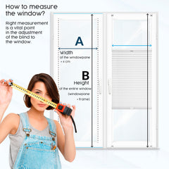 Woman holding a tape measure next to a window with measuring instructions for custom pleated blinds.