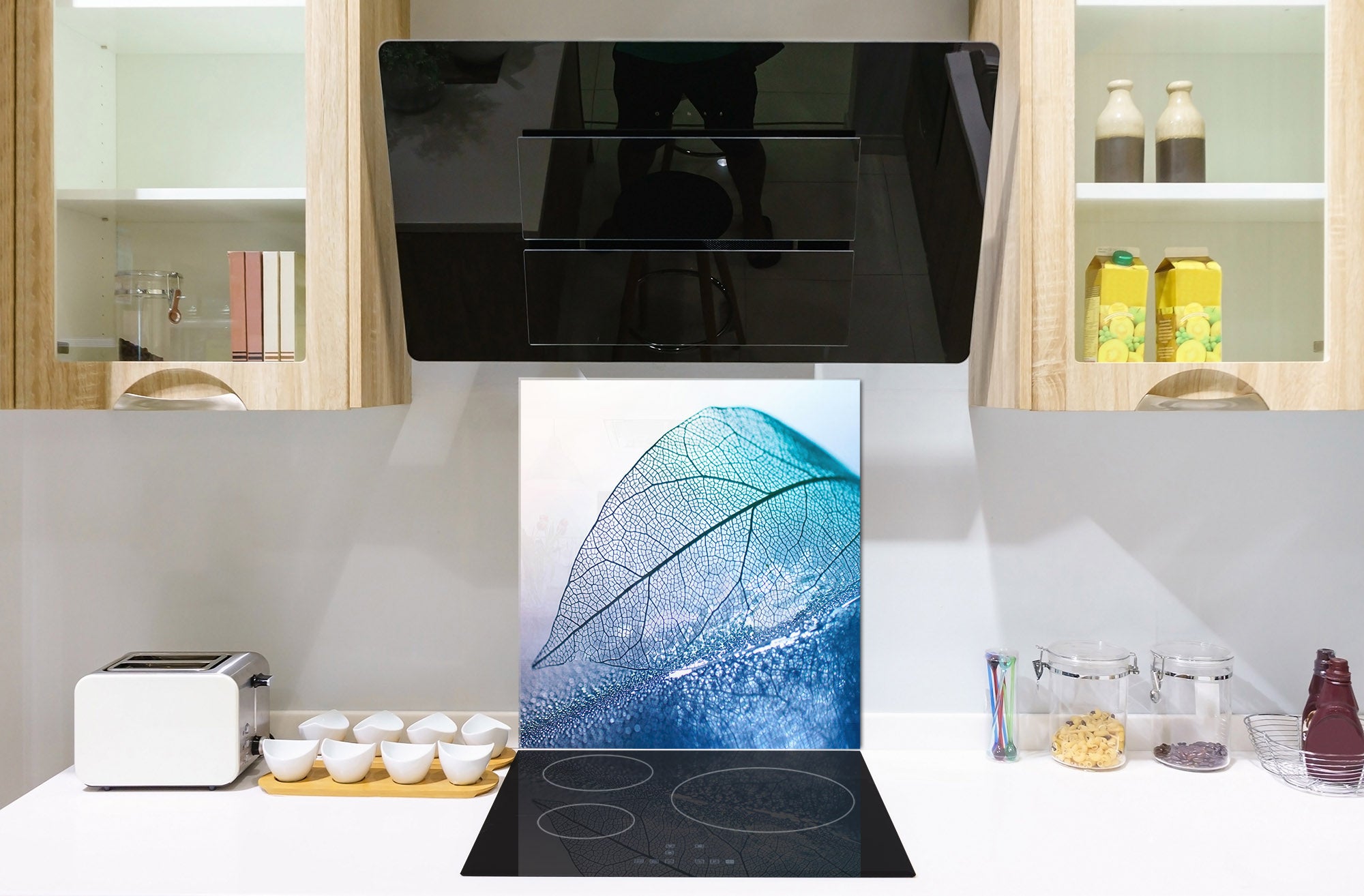 Stylish Tempered glass backsplash – Glass kitchen splashback – Glass upstand NBS14: Nature Series : Transparent blue leaf