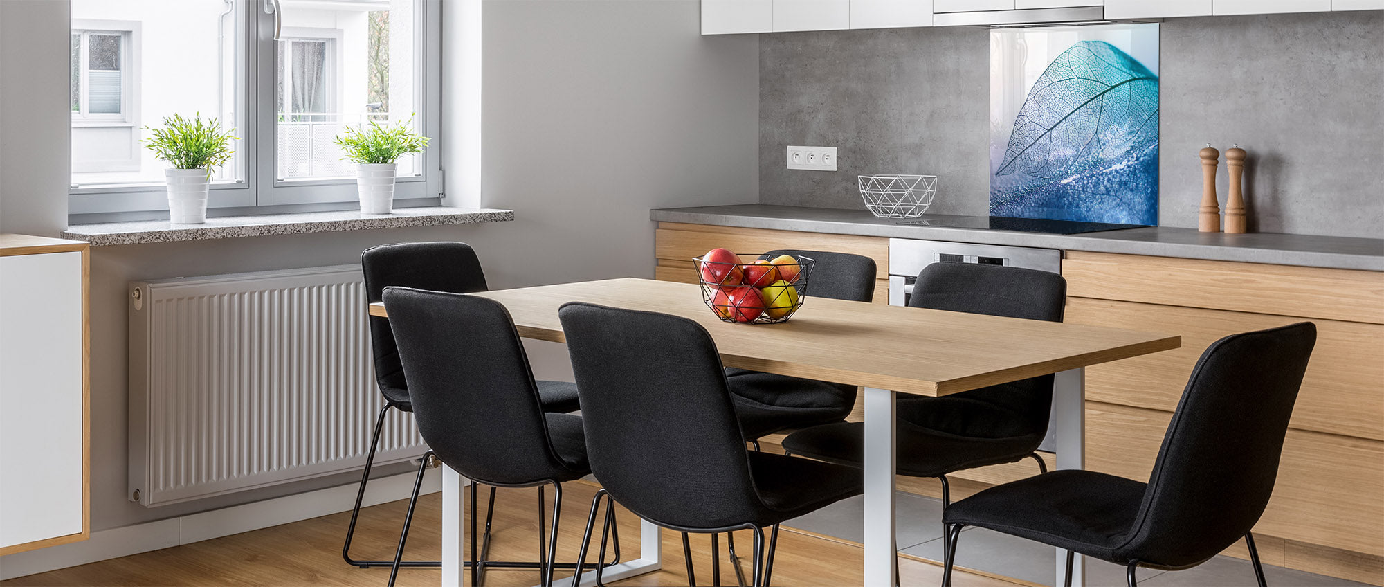 Stylish Tempered glass backsplash – Glass kitchen splashback – Glass upstand NBS14: Nature Series : Transparent blue leaf