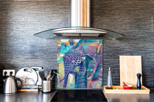 Unique Glass kitchen panel – Tempered Glass backsplash – Art design Glass Upstand NBS15: Art Series : Abstract Indian elephant