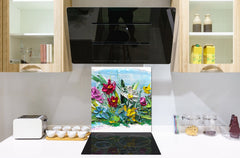 Unique Glass kitchen panel – Tempered Glass backsplash – Art design Glass Upstand NBS15: Art Series : Bouquet of flowers 2
