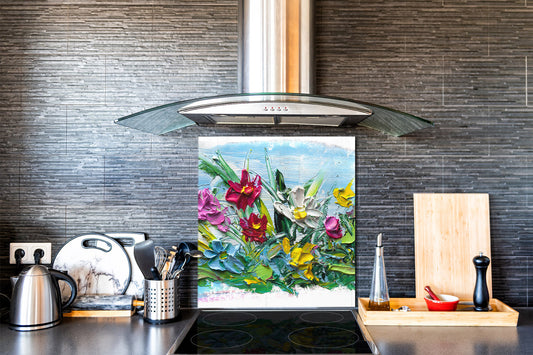 Unique Glass kitchen panel – Tempered Glass backsplash – Art design Glass Upstand NBS15: Art Series : Bouquet of flowers 2