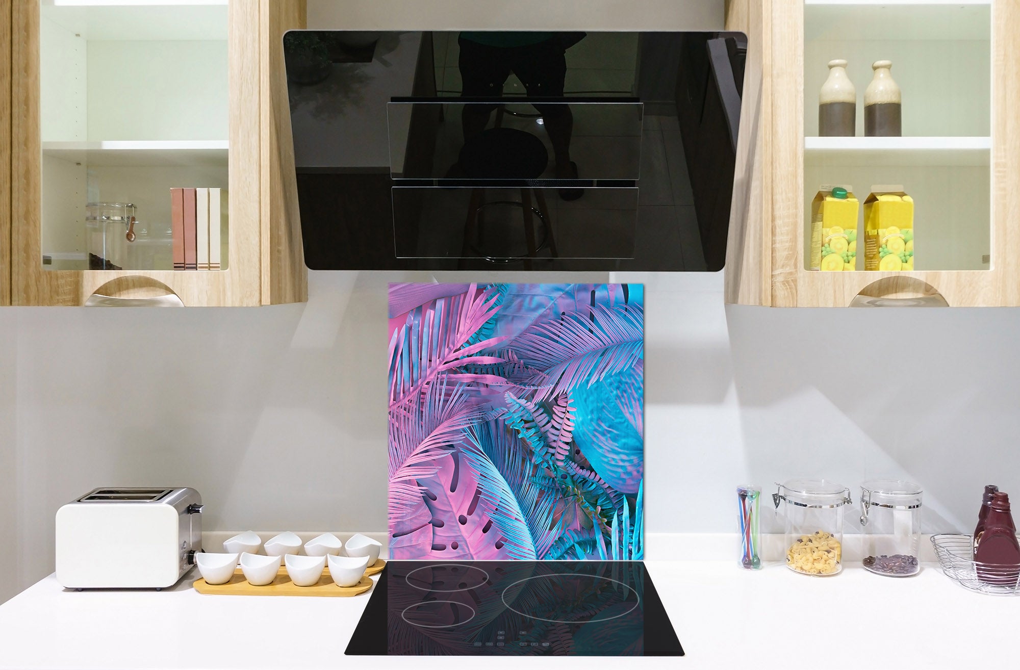 Stylish Tempered glass backsplash – Glass kitchen splashback – Glass upstand NBS14: Nature Series : Neon tropical leaves