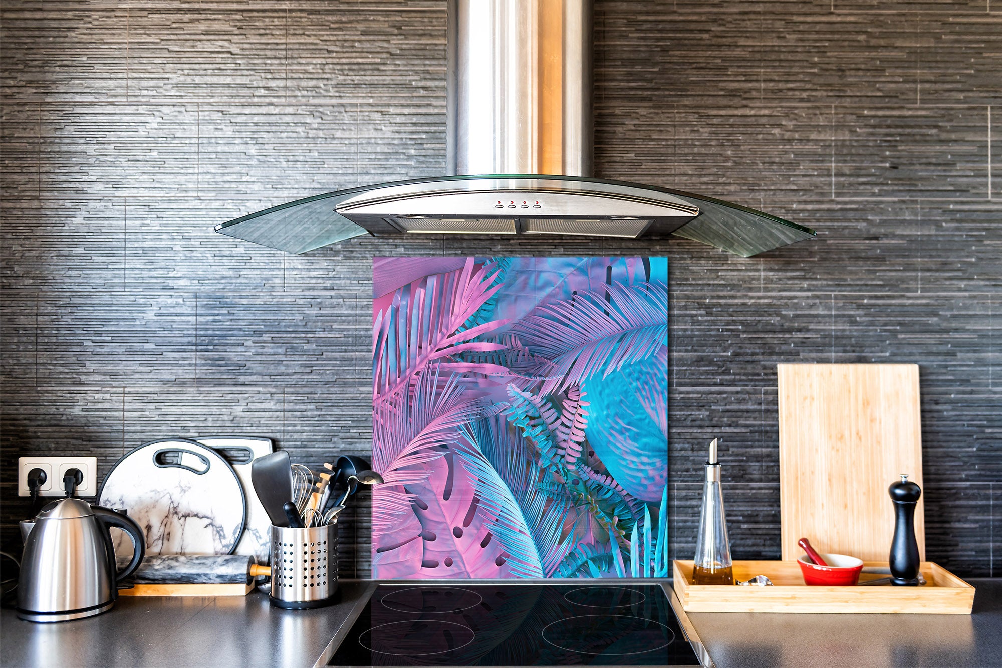 Stylish Tempered glass backsplash – Glass kitchen splashback – Glass upstand NBS14: Nature Series : Neon tropical leaves