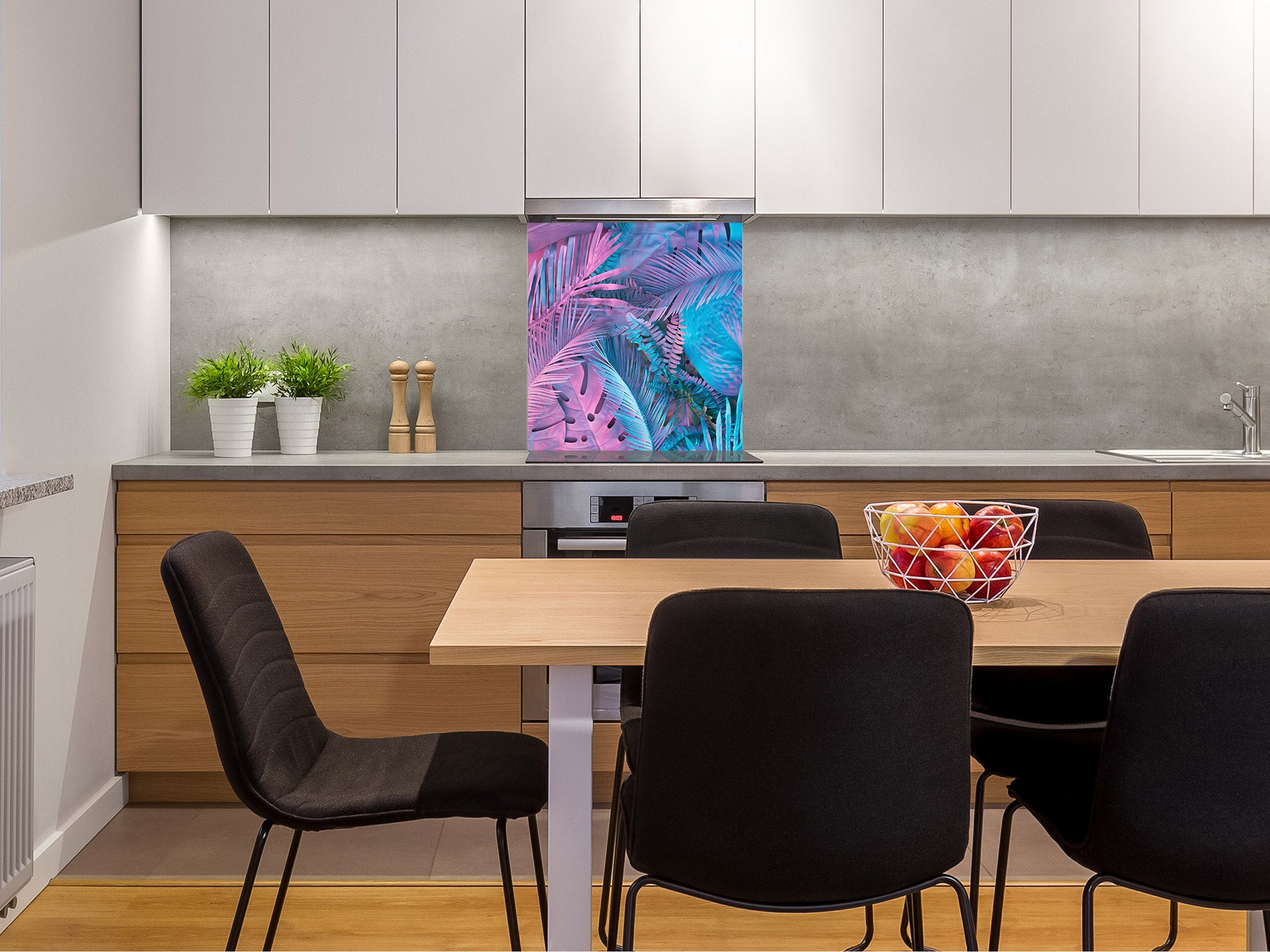 Stylish Tempered glass backsplash – Glass kitchen splashback – Glass upstand NBS14: Nature Series : Neon tropical leaves