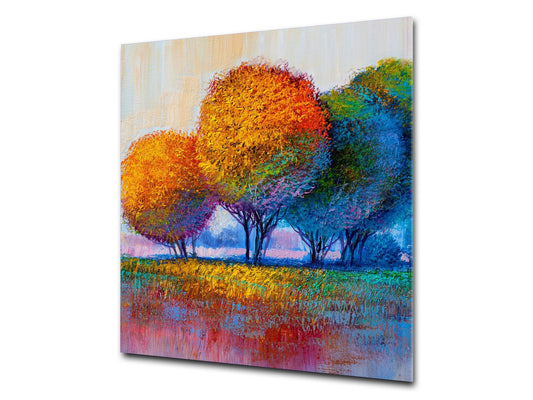 Unique Glass kitchen panel – Tempered Glass backsplash – Art design Glass Upstand NBS15: Art Series : Colourful trees 1