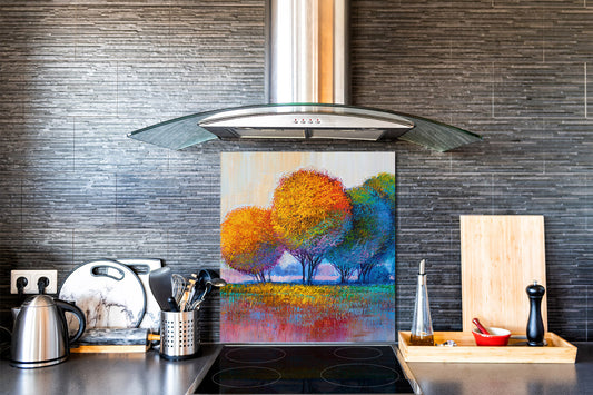 Unique Glass kitchen panel – Tempered Glass backsplash – Art design Glass Upstand NBS15: Art Series : Colourful trees 1