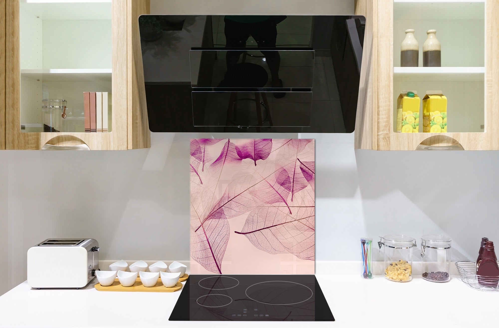 Stylish Tempered glass backsplash – Glass kitchen splashback – Glass upstand NBS14: Nature Series : Transparent purple leaves
