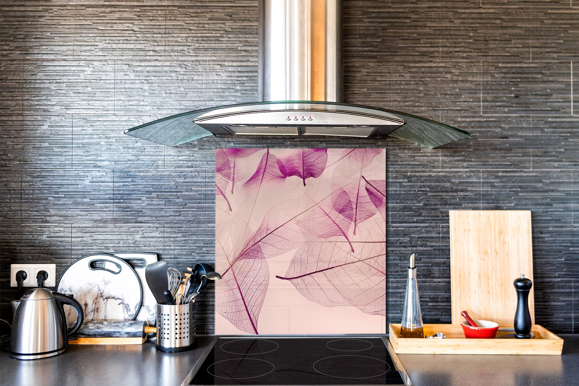 Stylish Tempered glass backsplash – Glass kitchen splashback – Glass upstand NBS14: Nature Series : Transparent purple leaves