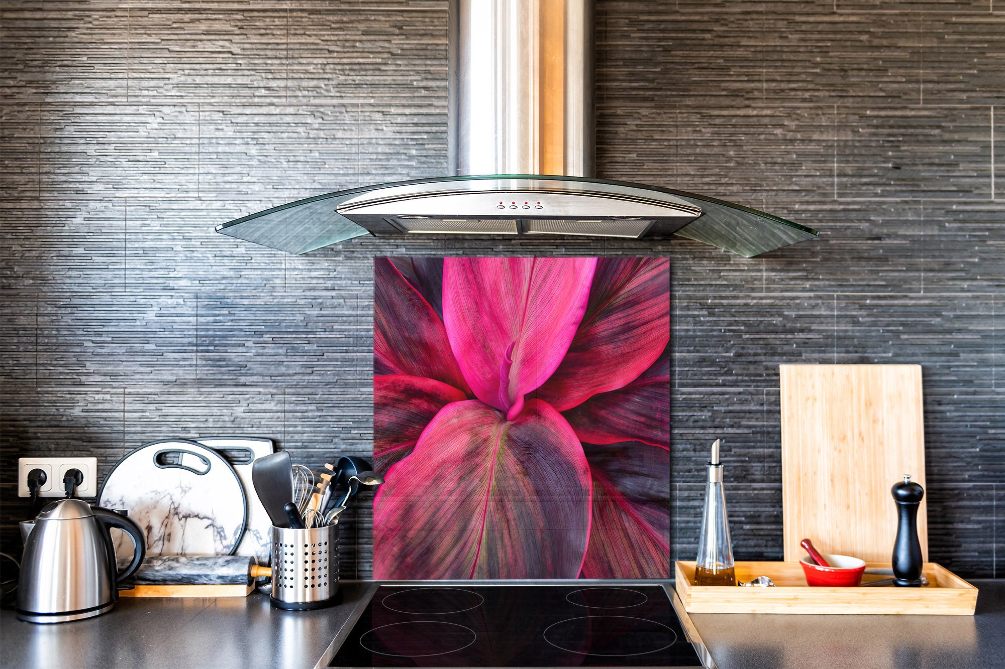 Stylish Tempered glass backsplash – Glass kitchen splashback – Glass upstand NBS14: Nature Series : Fluorescent leaves