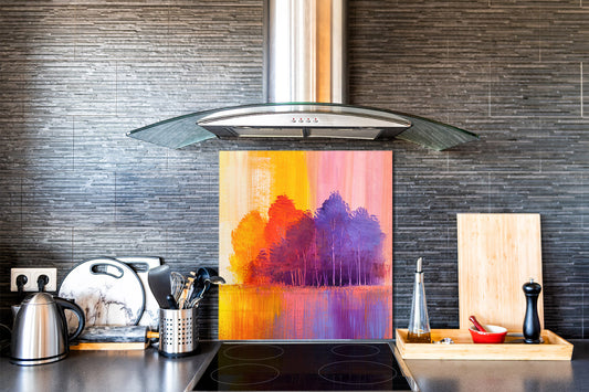 Unique Glass kitchen panel – Tempered Glass backsplash – Art design Glass Upstand NBS15: Art Series : Colourful trees 2