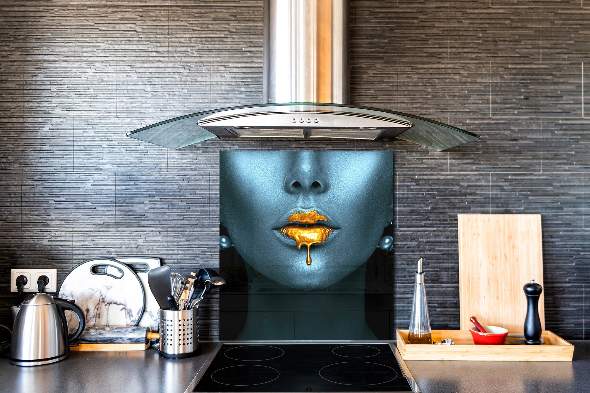 Unique Glass kitchen panel – Tempered Glass backsplash – Art design Glass Upstand NBS15: Art Series : Golden lips 2
