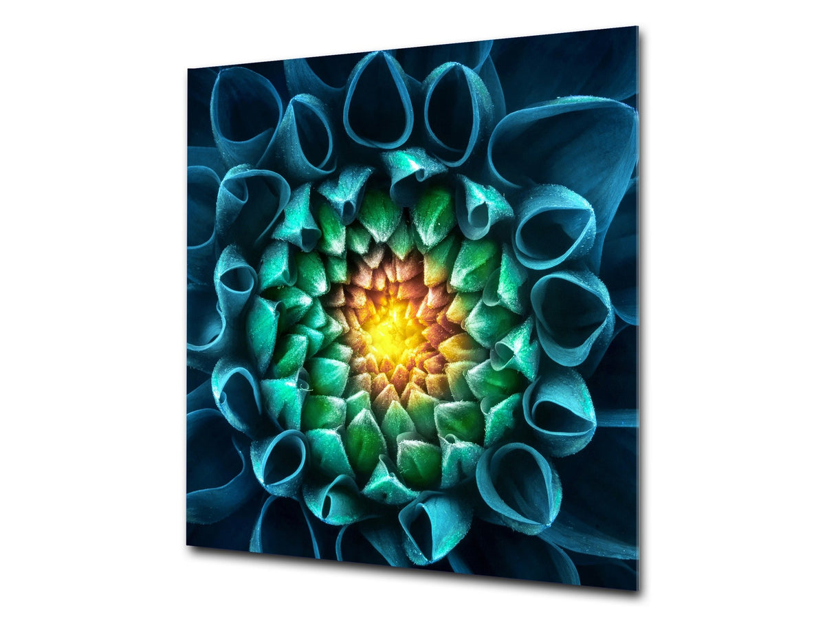 Stylish Tempered glass backsplash – Glass kitchen splashback – Glass upstand NBS14: Nature Series : Blue-green flower